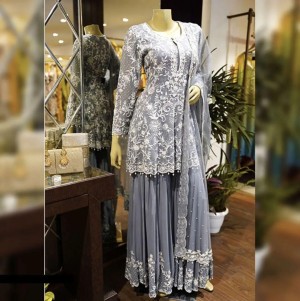 Embroidery Work Gray Top Plazzo With Dupatta